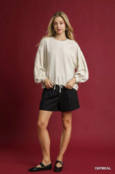 Umgee Linen Long Sleeve Top with Drawstring OutfitFlow